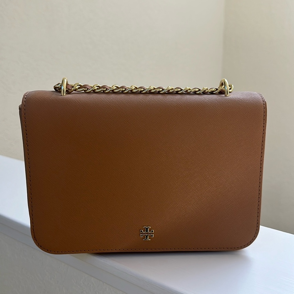 TORY BURCH Tan Chain-Link Leather Shoulder Bag